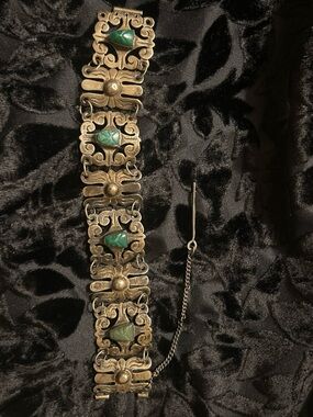 Handcrafted Silver Bracelet with Green Stone Turquoise Accents
